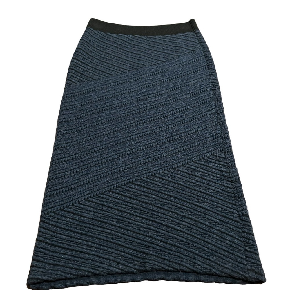 Moth Anthropologie Blue Stretch MIDI Pencil Skirt Black Waistband Size Small
